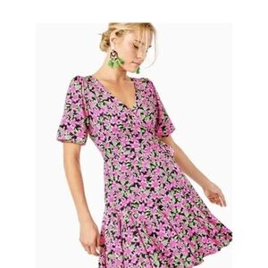 Lilly Pulitzer Kessler Lil Lilly Onyx Pink Green Floral Ruffle Wrap Dress XS